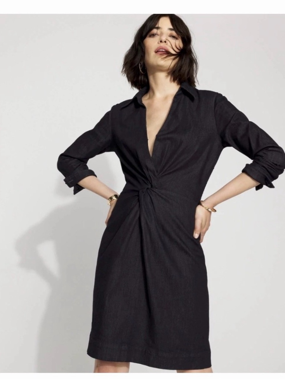 White House Black Market Black Twist-Waist Long Sleeve Dress